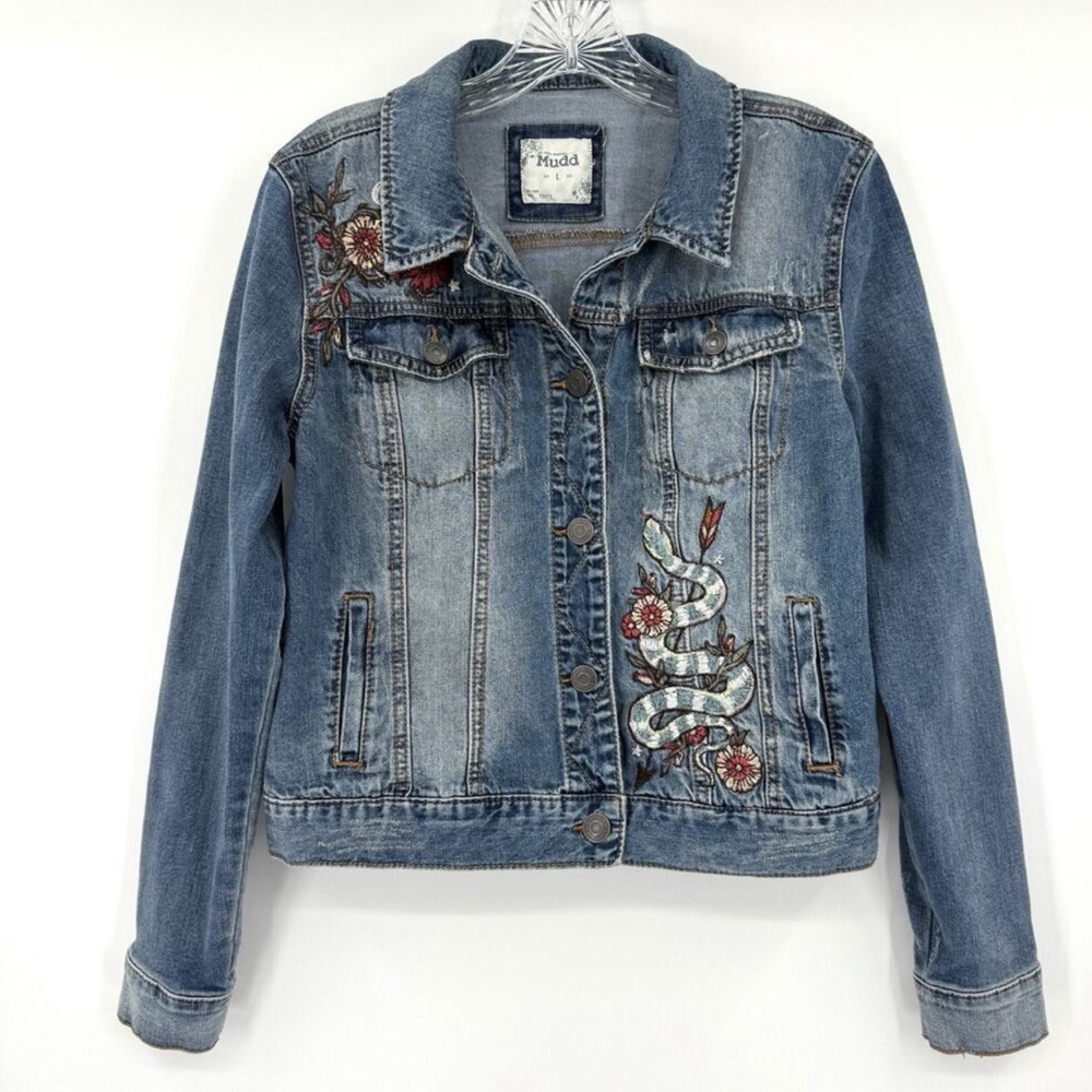 Mudd Light Blue Denim Jacket with Floral and Snake Embroidery